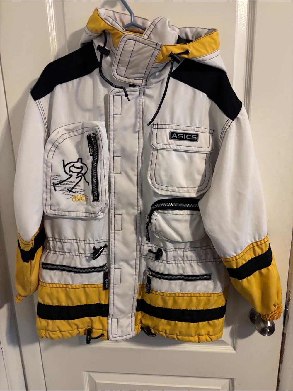 VTG 90s Asics Ski Team Multi-Pocket Jacket - White Yellow Black Techwear L